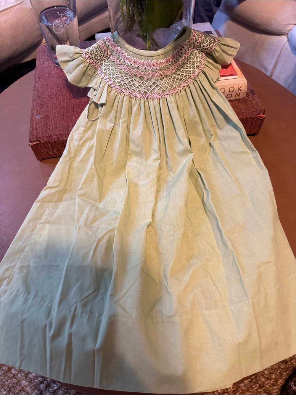 Green Smocked Flutter-Sleeve Kids Dress